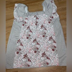 Floral Print Blouse with Puff Sleeves Gray Size Large